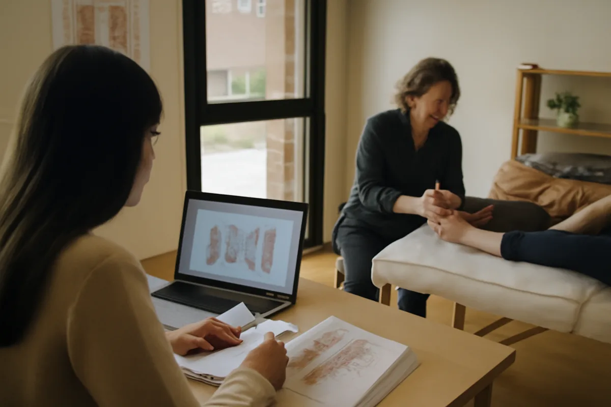Pourquoi choisir une formule hybride en réflexologie ? — Le format hybride réunit l'accessibilité du numérique et la précision de la pratique supervisée. En travaillant d’abord la théorie chez vous — anatomie, cartographies réflexes, règles d’hygiène — puis en venant plusieurs