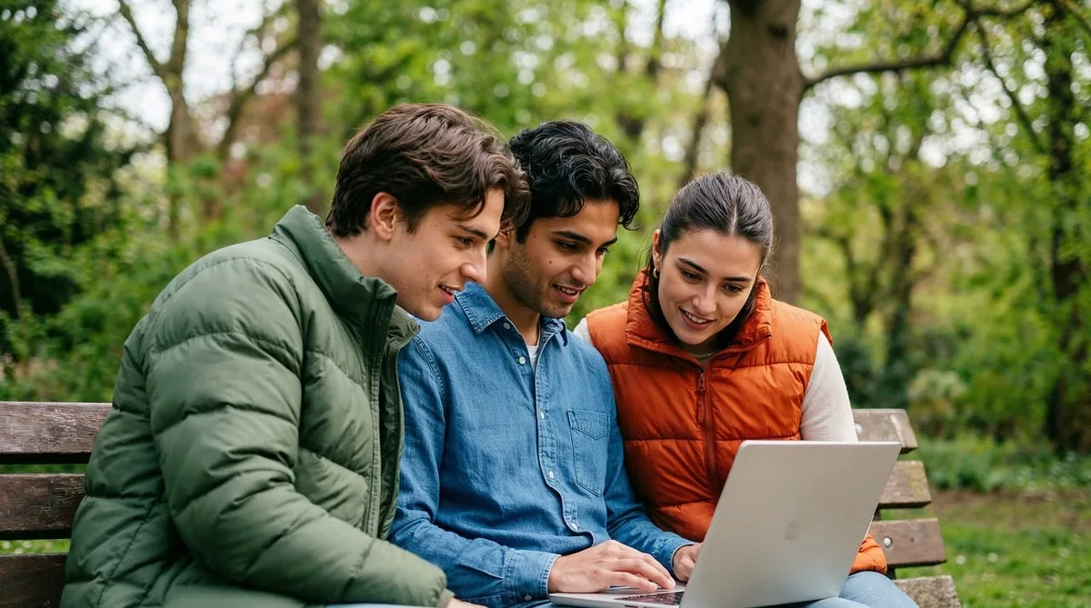Étudiant travaillant sur un banc dans un parc ombragé