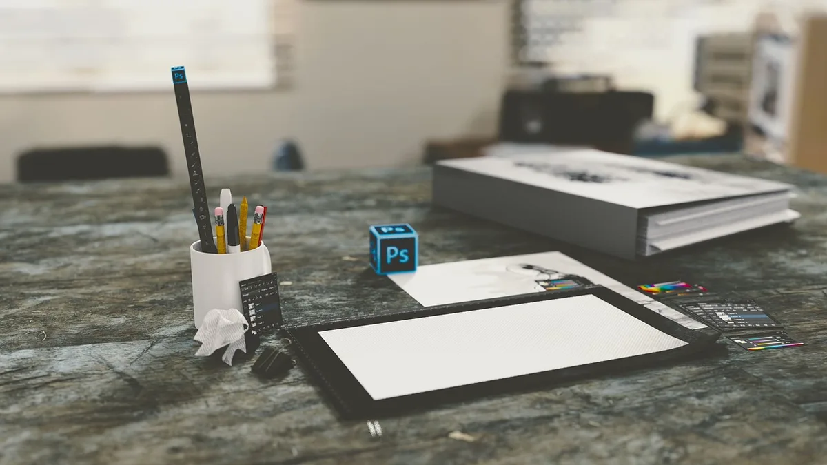 Espace de travail de conception graphique avec outils d'édition et interface visuelle