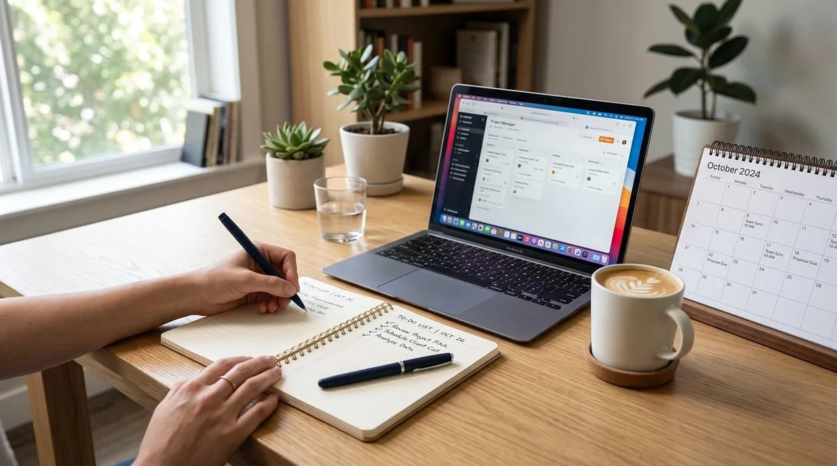Checklist de priorités et documents sur un bureau