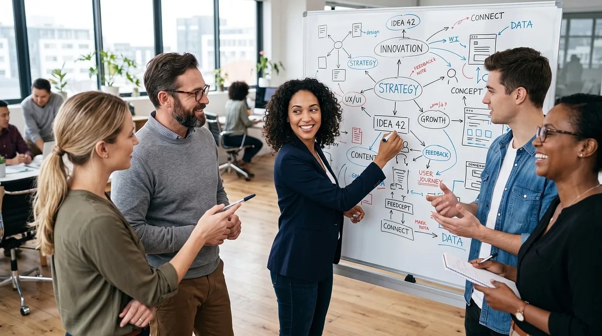 Équipe en formation autour d'un ordinateur pour apprendre un nouveau workflow